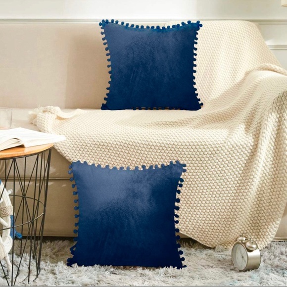 Luxe Home | Navy Velvet Pom Pom Trim Pillow Covers - Picture 2 of 8